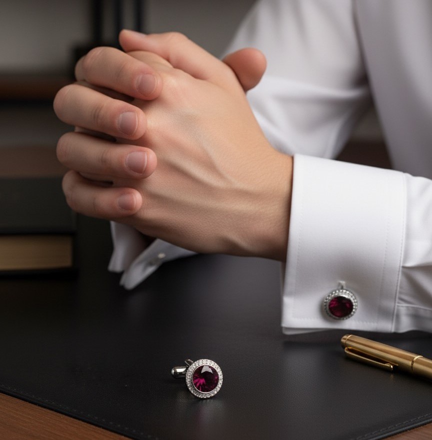 Elegant-Silver-Cufflinks-with-Large-Dark-Maroon-Pearl.jpg Premium Silver Cufflinks with Large Dark Maroon Pearl - Image 1