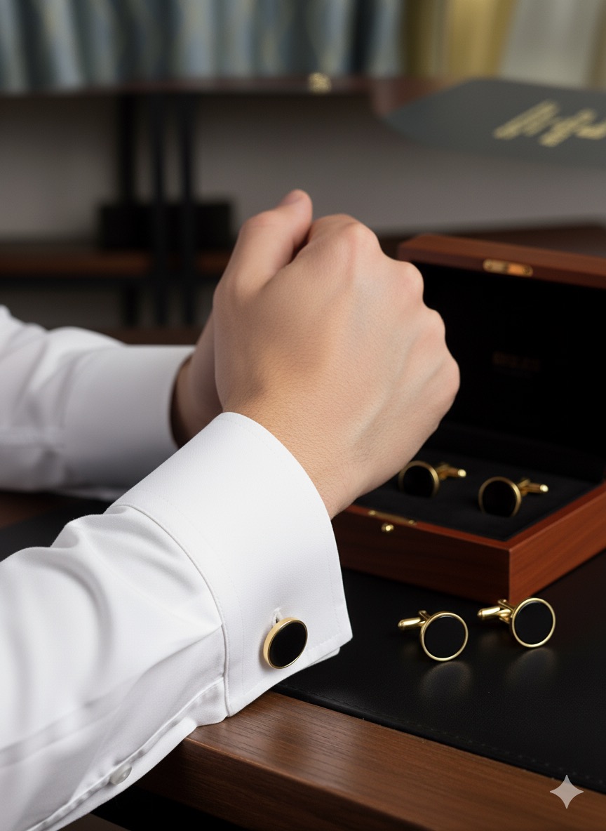 Luxury Golden & Black Round Cufflinks Timeless Men’s Accessory