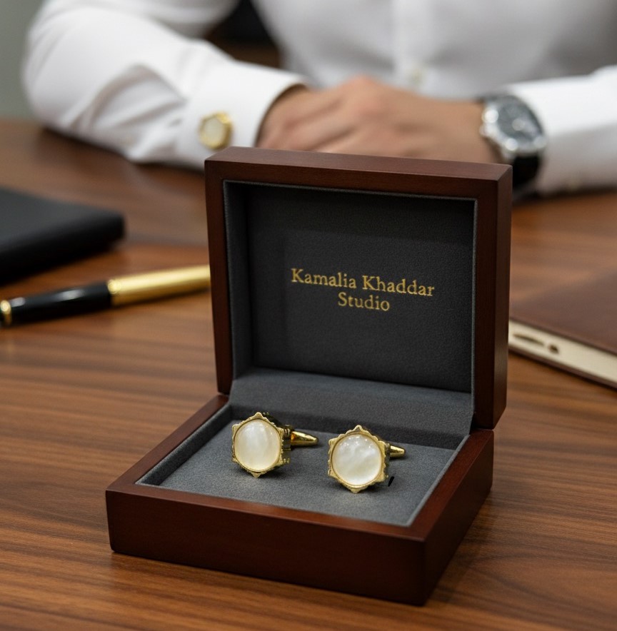 Luxury-Golden-Cufflinks-with-Off-White-Pearl.jpg Luxury Golden Cufflinks with Off-White Pearl - Image 1